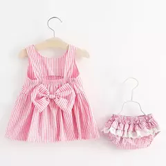 Conjuntos de roupas de verão para bebês, vestido sem mangas, calças curtas e vestido, patchwork listrado, fofo, 6-24M, 2 pcs, 2023 - loja online