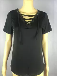 Camisa de manga curta com decote em v das mulheres do verão novo preto das senhoras das camisetas 2023