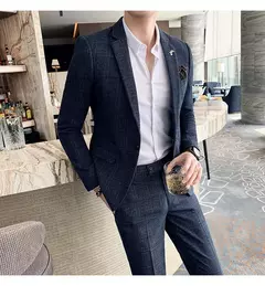 (Blazer + calças) high-end marca formal negócios xadrez terno dos homens noivo vestido de casamento cor sólida palco desempenho smoking S-7XL - comprar online