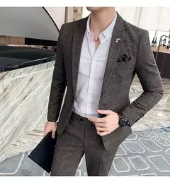 (Blazer + calças) high-end marca formal negócios xadrez terno dos homens noivo vestido de casamento cor sólida palco desempenho smoking S-7XL - loja online