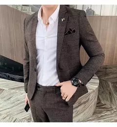 (Blazer + calças) high-end marca formal negócios xadrez terno dos homens noivo vestido de casamento cor sólida palco desempenho smoking S-7XL na internet