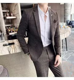 (Blazer + calças) high-end marca formal negócios xadrez terno dos homens noivo vestido de casamento cor sólida palco desempenho smoking S-7XL - loja online