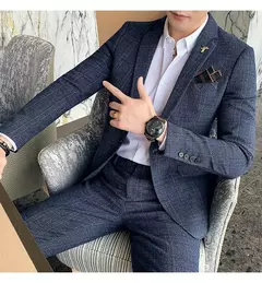 (Blazer + calças) high-end marca formal negócios xadrez terno dos homens noivo vestido de casamento cor sólida palco desempenho smoking S-7XL - Wolf Magazine