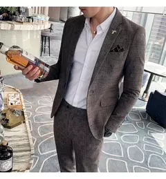 (Blazer + calças) high-end marca formal negócios xadrez terno dos homens noivo vestido de casamento cor sólida palco desempenho smoking S-7XL