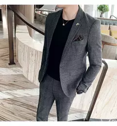 (Blazer + calças) high-end marca formal negócios xadrez terno dos homens noivo vestido de casamento cor sólida palco desempenho smoking S-7XL