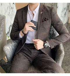 Imagem do (Blazer + calças) high-end marca formal negócios xadrez terno dos homens noivo vestido de casamento cor sólida palco desempenho smoking S-7XL