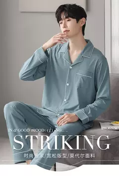Conjunto de pijama de algodão modal manga comprida masculino, pijamas finos, adolescentes, outwear primavera, pano doméstico, terno masculino, outono, primavera - loja online