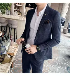 (Blazer + calças) high-end marca formal negócios xadrez terno dos homens noivo vestido de casamento cor sólida palco desempenho smoking S-7XL na internet