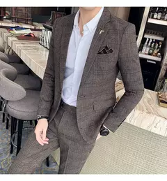 (Blazer + calças) high-end marca formal negócios xadrez terno dos homens noivo vestido de casamento cor sólida palco desempenho smoking S-7XL