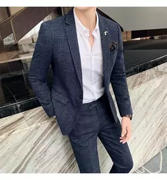 (Blazer + calças) high-end marca formal negócios xadrez terno dos homens noivo vestido de casamento cor sólida palco desempenho smoking S-7XL na internet