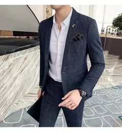 (Blazer + calças) high-end marca formal negócios xadrez terno dos homens noivo vestido de casamento cor sólida palco desempenho smoking S-7XL - loja online