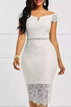 Vestido de noite em renda para mulheres, manga curta, decote em v, Off-the-ombro, comprimento médio, bolsa, quadril, sexy, europeu e americano, 2024 na internet