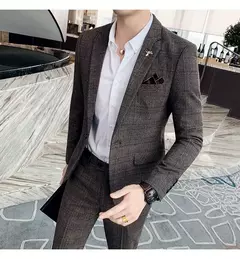 (Blazer + calças) high-end marca formal negócios xadrez terno dos homens noivo vestido de casamento cor sólida palco desempenho smoking S-7XL - loja online