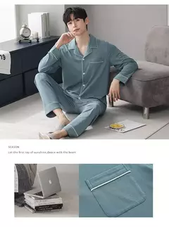 Conjunto de pijama de algodão modal manga comprida masculino, pijamas finos, adolescentes, outwear primavera, pano doméstico, terno masculino, outono, primavera - loja online