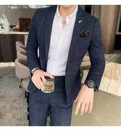 (Blazer + calças) high-end marca formal negócios xadrez terno dos homens noivo vestido de casamento cor sólida palco desempenho smoking S-7XL - Wolf Magazine