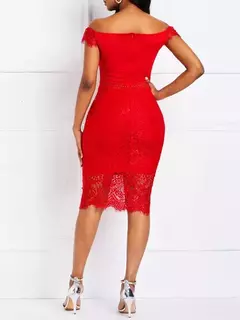 Imagem do Vestido de noite em renda para mulheres, manga curta, decote em v, Off-the-ombro, comprimento médio, bolsa, quadril, sexy, europeu e americano, 2024