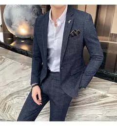(Blazer + calças) high-end marca formal negócios xadrez terno dos homens noivo vestido de casamento cor sólida palco desempenho smoking S-7XL na internet