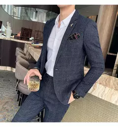 (Blazer + calças) high-end marca formal negócios xadrez terno dos homens noivo vestido de casamento cor sólida palco desempenho smoking S-7XL - comprar online