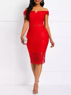 Vestido de noite em renda para mulheres, manga curta, decote em v, Off-the-ombro, comprimento médio, bolsa, quadril, sexy, europeu e americano, 2024 - loja online