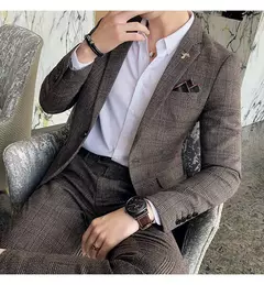 (Blazer + calças) high-end marca formal negócios xadrez terno dos homens noivo vestido de casamento cor sólida palco desempenho smoking S-7XL - comprar online