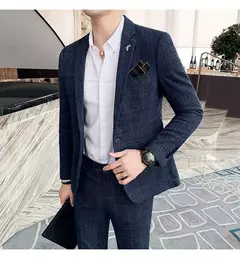 (Blazer + calças) high-end marca formal negócios xadrez terno dos homens noivo vestido de casamento cor sólida palco desempenho smoking S-7XL