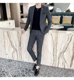 (Blazer + calças) high-end marca formal negócios xadrez terno dos homens noivo vestido de casamento cor sólida palco desempenho smoking S-7XL - Wolf Magazine