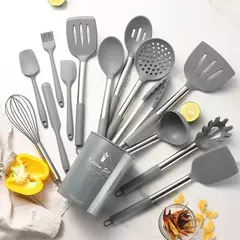 Conjunto De Utensílios De Cozinha De Silicone Preto, Panelas Antiaderentes, Punho De Aço Inoxidável, Espátula, Batedores De Ovo, Acessórios De Utensílios De Cozinha, 15Pcs