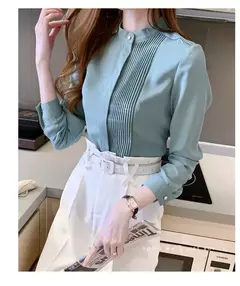 Primavera verão moda cor sólida camisa feminina de manga longa comutando irregular botão chiffon topo feminino camisa branca das mulheres c028