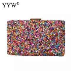 Bolsa acrílica com fecho interligado para menina, bolsa do casamento, pedra multicolorida, corrente de metal, crossbody, ombro, noite, difícil - loja online