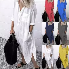 Vestido longo de linho de algodão feminino, branco, oversize, casual, simples, cor pura, divisão, praia, verão, elegante, S-4X - Wolf Magazine