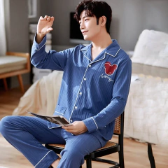 Imagem do Conjunto de pijama masculino 100% algodão manga comprida solto casual outono/inverno temporada cardigan pijamas