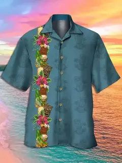 Camisas Tiki de mangas curtas masculinas, estampa 3D, tendência legal da moda, tops havaianos para festas na praia, tops soltos e respiráveis, 2024