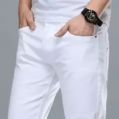 SHAN BAO-Jeans slim branco masculino, roupa confortável de algodão, elástico, casual, leve, de negócios, primavera, verão, 2022