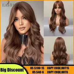 Easihair longo ondulado castanho perucas sintéticas com franja longa para mulheres cosplay peruca de cabelo natural peruca de fibra resistente ao calor