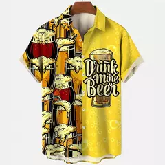 Camisa Retro de Cerveja Masculina Estampada 3D, Padrão para Beber Natal, Engraçado Street Top, Casual Manga Curta, Blusa de Botão, Roupas na internet