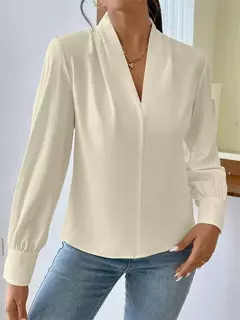 Imagem do Pulôver de manga comprida com decote V feminino, camisa elegante, estilo britânico, tops urbanos, monocromático, confortável, blusa casual feminina, outono