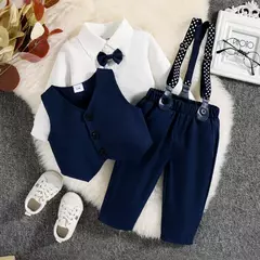 PatPat-Roupas de festa para bebês, gravata borboleta para cavalheiros, camisa de manga comprida, colete sólido com calças suspensoras, 3 peças - loja online