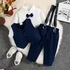 PatPat-Roupas de festa para bebês, gravata borboleta para cavalheiros, camisa de manga comprida, colete sólido com calças suspensoras, 3 peças