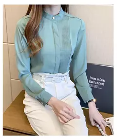 Imagem do Primavera verão moda cor sólida camisa feminina de manga longa comutando irregular botão chiffon topo feminino camisa branca das mulheres c028