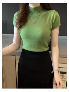 Camiseta feminina de malha meia gola alta, elegante monocromática, manga curta, pulôver casual versátil, tops magros, verão, nova - Wolf Magazine