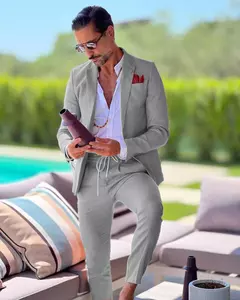 Terno de linho de peito único masculino, casaco casual, desgaste formal do trabalho, jaqueta, calças, slim fit, negócios, casamento, noivo, verão, 2 peças - comprar online