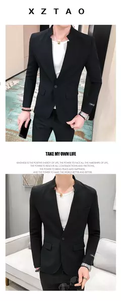 New (Blazer+ Pants) Men's Fashion Business Korean Version of Gentleman Zhongshan Stand Collar Casual British Style 2-piece Set - comprar online