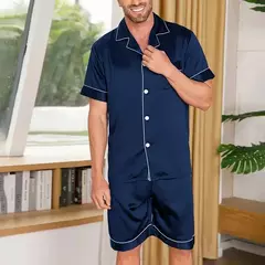 Conjunto de pijamas de manga curta masculino, camisa e shorts de botão, pijamas, bolsos, roupa de verão na internet