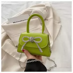 Mini bolsa de ombro monocromática para mulheres, design de arco, couro PU, aba, bolsas crossbody, bolsa de corrente, bolsas femininas, moda, 2024 - loja online