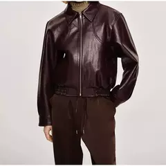 Jaqueta de couro com zíper lapela feminina, manga comprida, casaco curto elástico, monocromático, casual, pendulares, Casacos Street, Vintage, Outono
