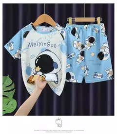 Verão novas crianças pijamas de seda leite mangas curtas em torno do pescoço meninos meninas ar condicionado roupas para casa 8-18 polegadas