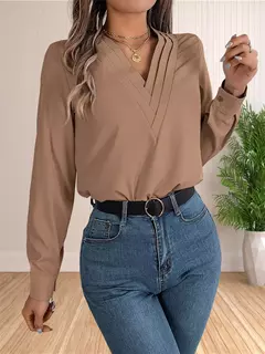 Vestido feminino de manga comprida em camadas com decote em v, tops de trabalho, roupa de escritório, blusa empresarial, 2024