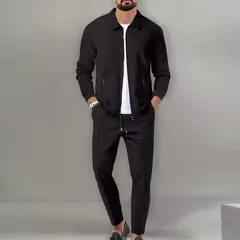 Conjunto de duas peças de waffle masculino, zíper de lapela, casaco monocromático, confortável casual, primavera e verão, best-seller