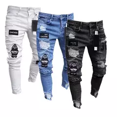 Calças jeans skinny rasgadas elásticas masculinas, bordado branco, algodão, hip hop, buraco negro, slim fit, calças jeans grandes, alta qualidade na internet