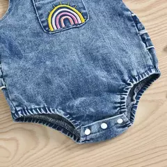 Roupas jeans sem mangas para meninos e meninas, pijama casual triangular rastejante, moda retrô, 2 peças